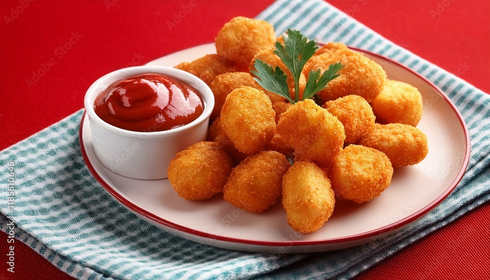 Crispy potato tots served with ketchup on red background Crispy potato tots served with ketchup on red background