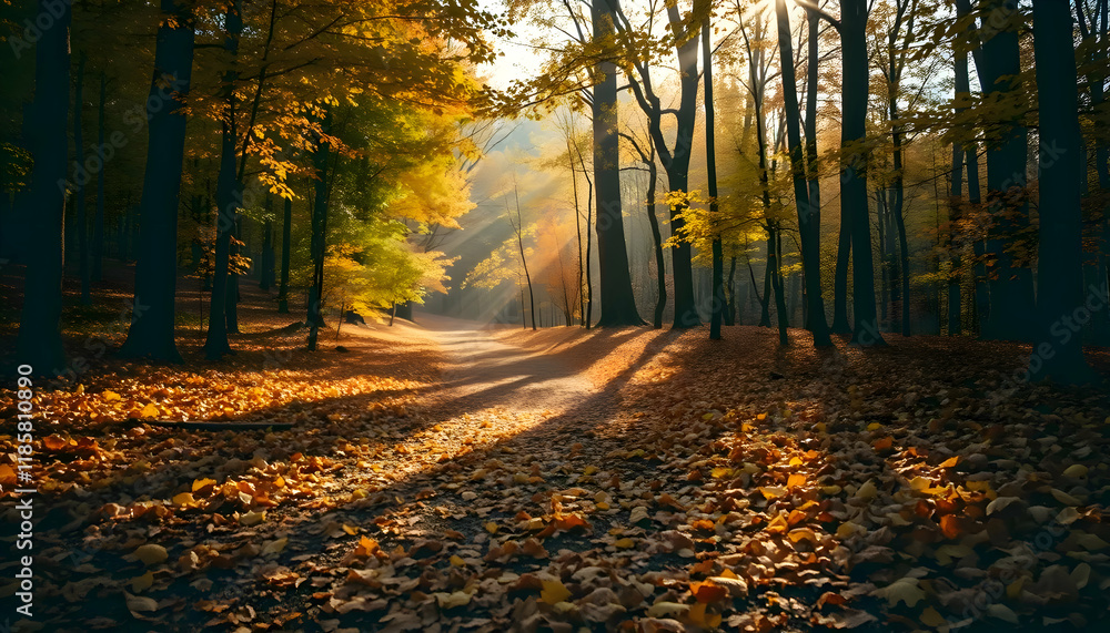 Obraz premium Autumnal Path: Sunlit Forest Trail