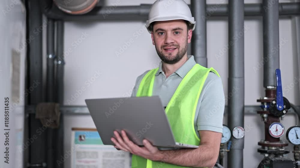 Caucasian male boiler room worker in safety vest and hardhat confidently operates laptop, conducting diagnostics and maintenance on heating system equipment. Caucasian male boiler room worker in safety vest and hardhat confidently operates laptop, conducting diagnostics and maintenance on heating system equipment.