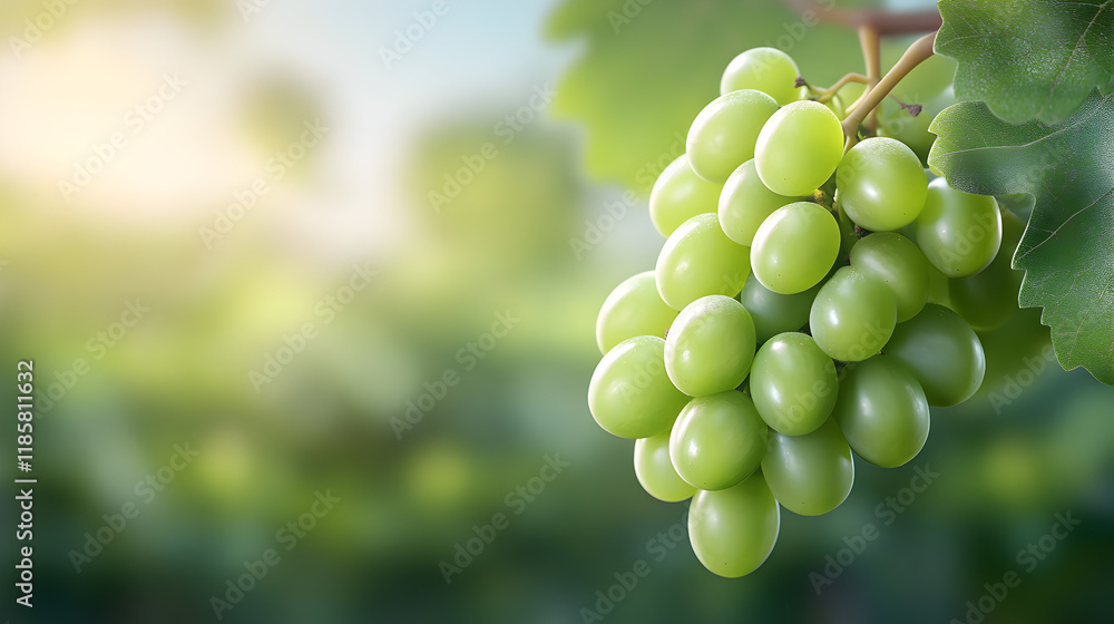 A vibrant grapevine supports clusters of green grapes, bathed in sunlight, amidst a rustic vineyard landscape, signaling a promising forthcoming harvest season A vibrant grapevine supports clusters of green grapes, bathed in sunlight, amidst a rustic vineyard landscape, signaling a promising forthcoming harvest season
