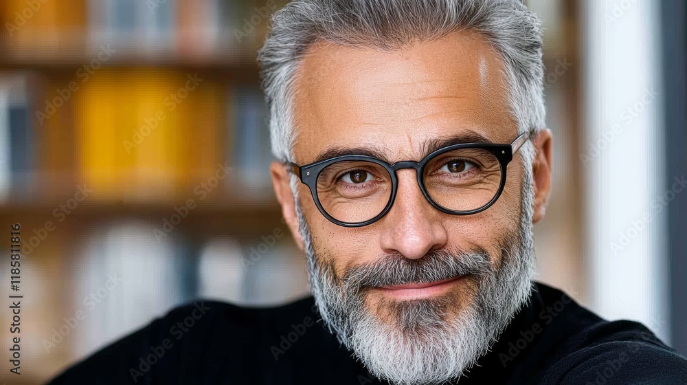 Man with glasses and a beard is smiling. He is wearing a black shirt and sitting in front of a bookshelf Man with glasses and a beard is smiling. He is wearing a black shirt and sitting in front of a bookshelf