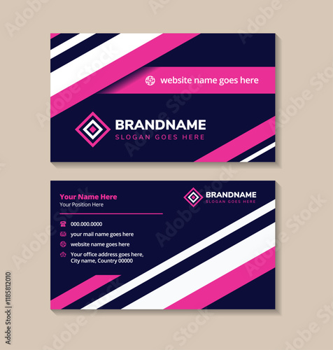 Simple white and pink diagonal elements design on dark blue background business card. double sided horizontal layout.
