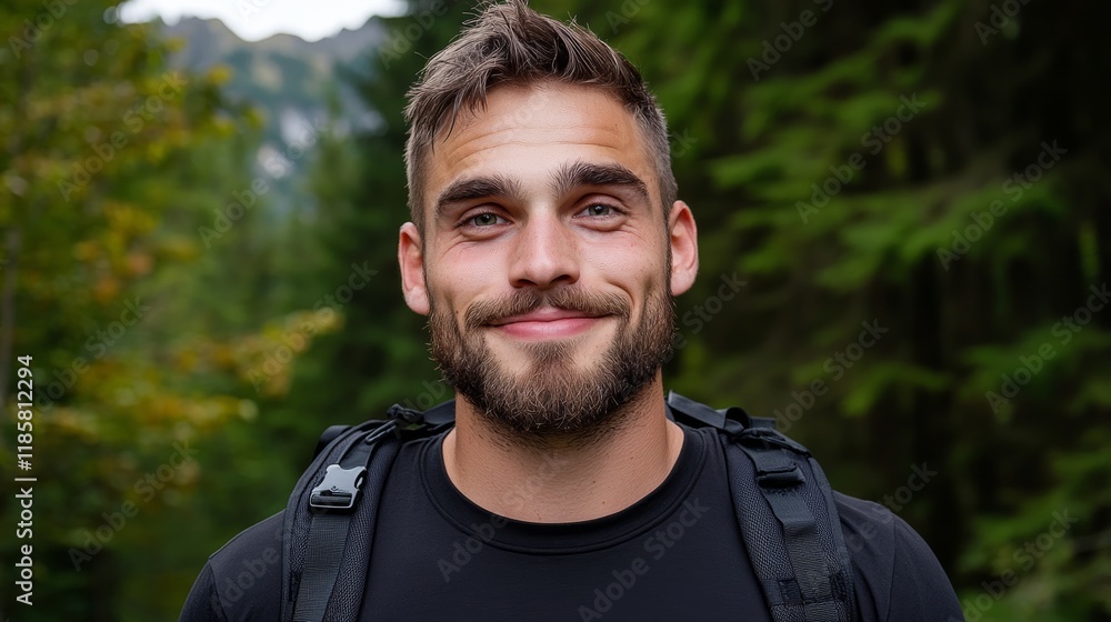 Man with a beard and a backpack is smiling. He is wearing a black shirt and a black backpack Man with a beard and a backpack is smiling. He is wearing a black shirt and a black backpack