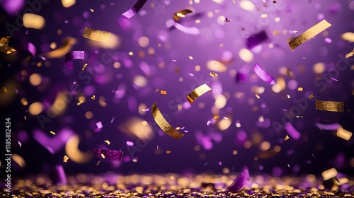 Purple gold confetti falling, celebration background, party