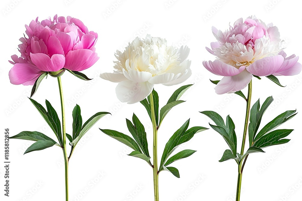 High Resolution of Three Different Peonies in Full Bloom Isolated on White Background High Resolution of Three Different Peonies in Full Bloom Isolated on White Background