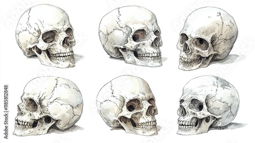 Detailed Watercolor Skull Illustrations: Anatomy Study, Medical Art, Realistic Bone Drawings