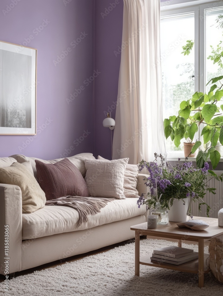 Fototapeta premium Lavish Living Room Decor Featuring Neutral Sofa and Purple Walls
