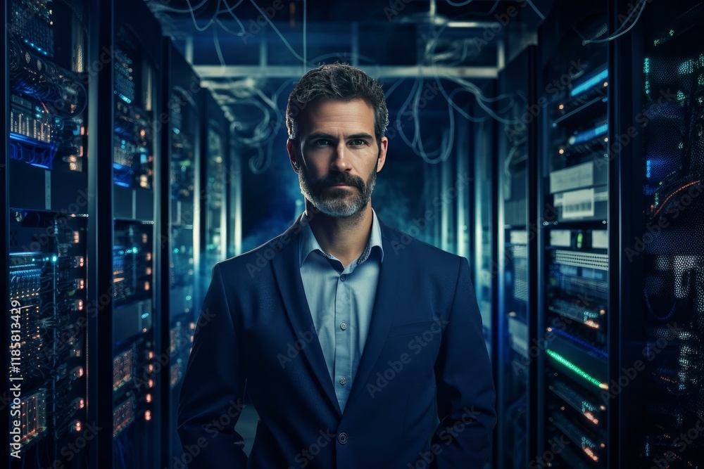 Fototapeta premium Portrait of an it engineer posing in a dark server room with glowing servers