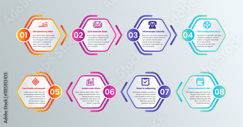 Hexagon infographics frame. Honeycomb design. infographic eight option, process or step for presentation. Can be used for presentations, workflow layout, banners and web design. Business concept