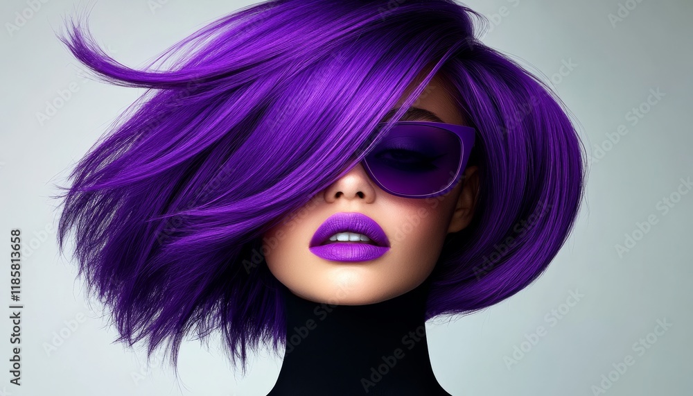 Obraz premium Woman with purple hair and purple sunglasses. She is wearing a black top and a black scarf