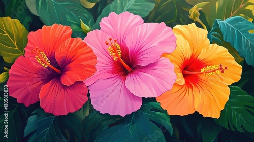 Wallpaper Mural Three Vibrant Hibiscus Flowers Amid Lush Green Foliage Torontodigital.ca