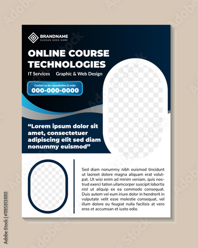 Creative online course technologies flyer template design on vertical layout. editable brochure with combination blue and black colors on elements isolated on white background. space for photo collage
