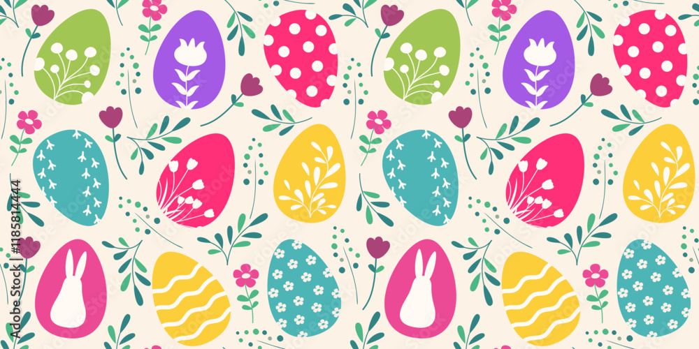 Happy Easter seamless pattern with easter eggs. Vector illustration in flat design. Happy Easter seamless pattern with easter eggs. Vector illustration in flat design.