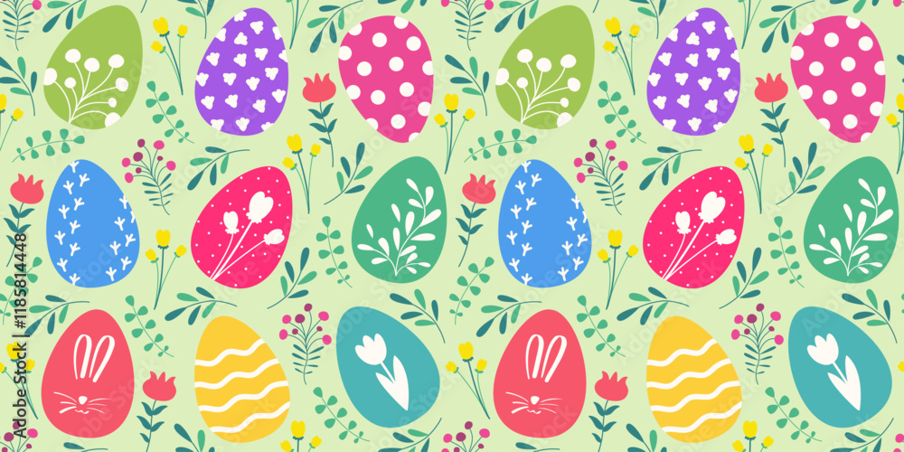 Happy Easter seamless pattern with easter eggs. Vector illustration in flat design. Happy Easter seamless pattern with easter eggs. Vector illustration in flat design.