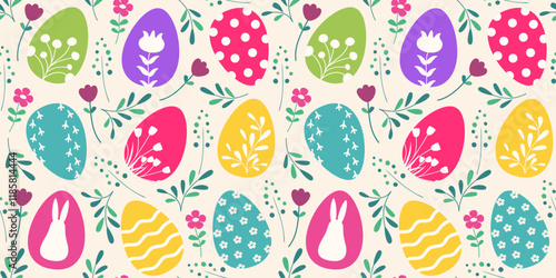 Happy Easter seamless pattern with easter eggs. Vector illustration in flat design.