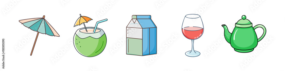 Illustration of Tropical, Dairy, and Tea Beverages - A playful illustration featuring a drink umbrella, coconut water, milk carton, wine glass, and a teapot, symbolizing diverse drink types. Illustration of Tropical, Dairy, and Tea Beverages - A playful illustration featuring a drink umbrella, coconut water, milk carton, wine glass, and a teapot, symbolizing diverse drink types.