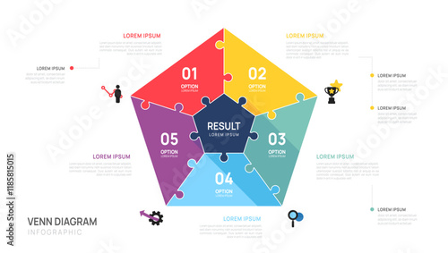 Infographic Venn diagram pentagon chart template for business 5 steps presentation with venn diagram elements vector illustration.