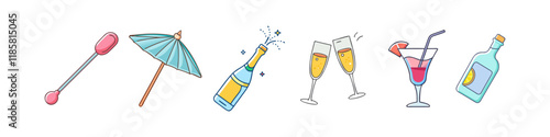 Illustration of Party Drink Accessories and Champagne - A fun illustration featuring drink accessories like stirrers and umbrellas, champagne bottles, flutes, and a cocktail with a straw garnish.