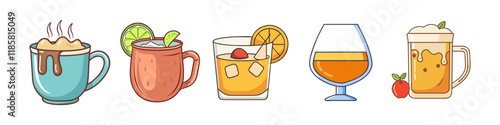 Illustration of Hot and Alcoholic Beverages - A vibrant illustration featuring five beverages, including hot chocolate, a Moscow mule, whiskey cocktails, brandy, and beer in distinct glassware.