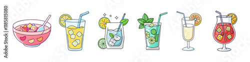Illustration of Party Punch and Refreshing Cocktails - A vibrant illustration featuring six drinks, including punch, lemonade, mojitos, and fruity cocktails, adorned with garnishes and ice cubes.