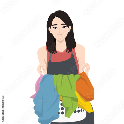 Young woman Carrying a Huge Pile of Laundry. Flat vector character illustration