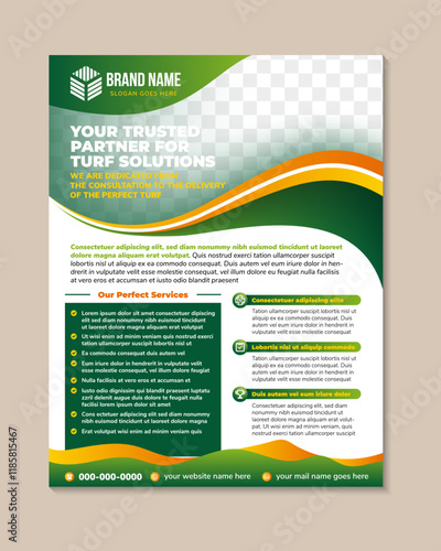 abstract freshnes design with headline is your trusted partner for turf solutions. vertical layout flyer with green and orange gradient on element isolated on white background. space for photo