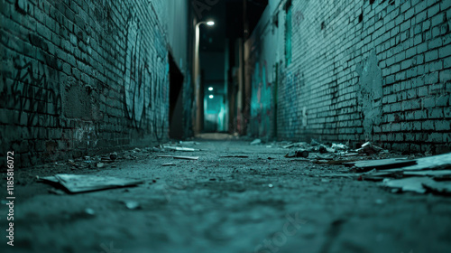 Urban Derelict Alleyway Littered with Debris and Graf, Captured at Night