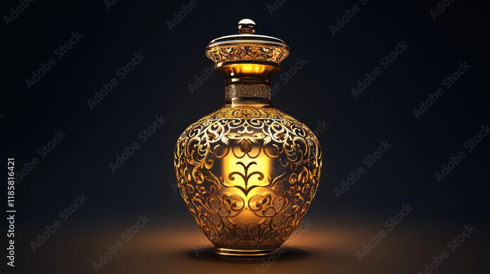 Luxury perfume fragrance icon. Isolated vector golden round vial with intricate ornament. Elegant emblem for lux high end scent brand and beauty product, exudes sense of opulence and luxury style Luxury perfume fragrance icon. Isolated vector golden round vial with intricate ornament. Elegant emblem for lux high end scent brand and beauty product, exudes sense of opulence and luxury style