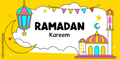 Ramadan Kareem Illustration: Festive Mosque, Moon.