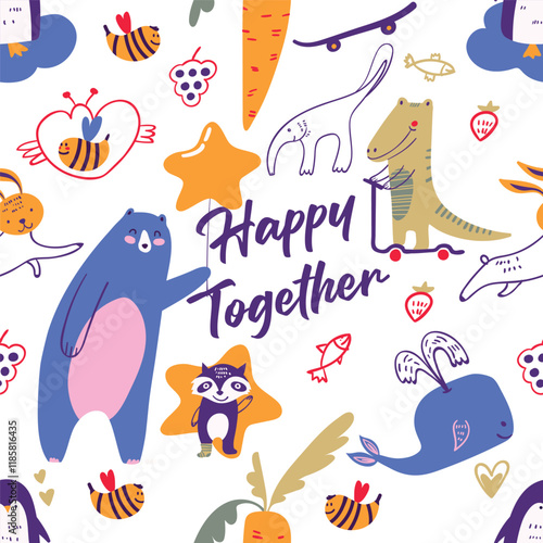 seamless pattern with animals, animal,  bees, dino, bear, whale,  happy togetherr, animals vector art illustration design photo