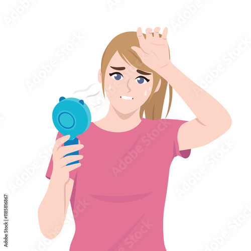 Woman holding portable fan blowing her sweaty face. Flat vector character illustration