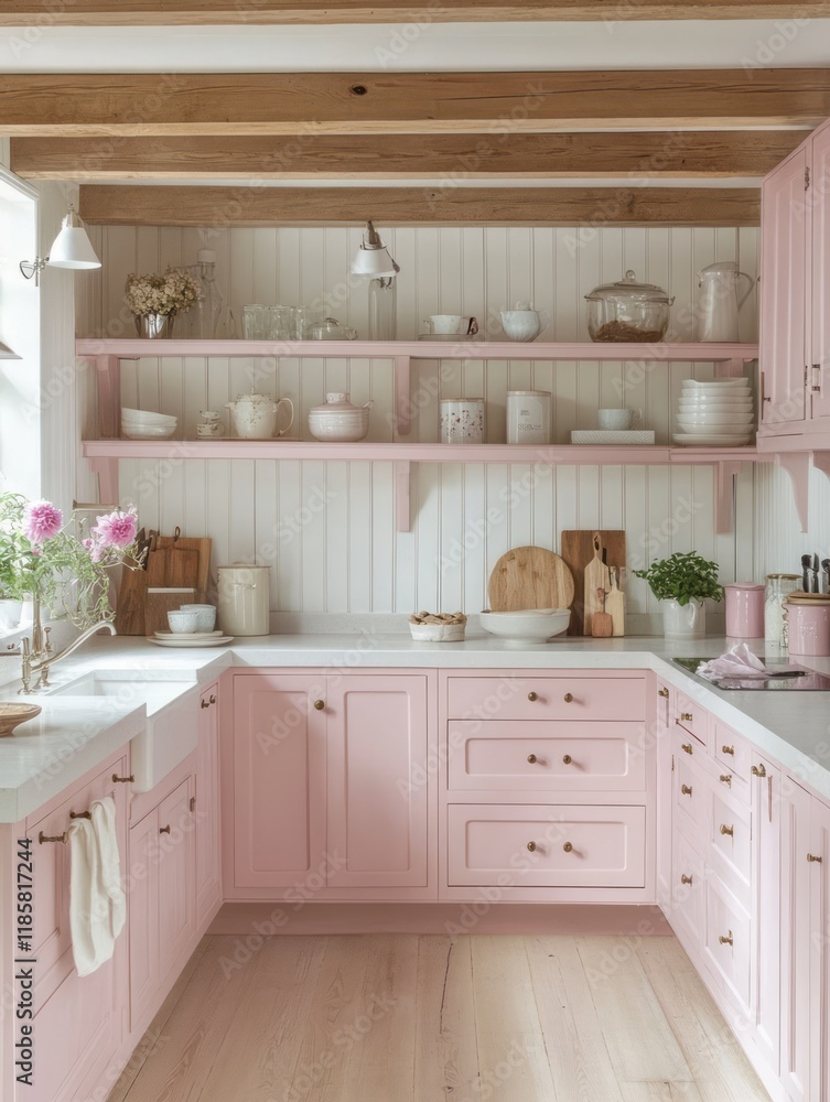 Pretty Pink Kitchen With Wooden Beams And Open Shelving Pretty Pink Kitchen With Wooden Beams And Open Shelving