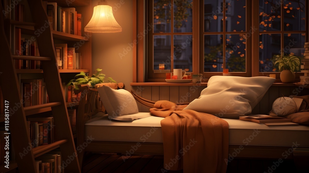 Cozy and Inviting Reading Nook with Warm Lighting and a Stacked Pile of Books Creating a Serene and Scholarly Atmosphere for Relaxation and Cozy and Inviting Reading Nook with Warm Lighting and a Stacked Pile of Books Creating a Serene and Scholarly Atmosphere for Relaxation and