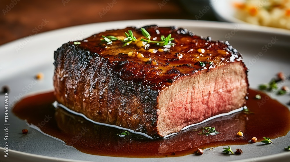 Piece of meat is on a plate with sauce and herbs. The meat is cooked and has a nice sear. The plate is set on a table with a bowl of vegetables in the background Piece of meat is on a plate with sauce and herbs. The meat is cooked and has a nice sear. The plate is set on a table with a bowl of vegetables in the background