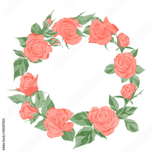 Round wreath frame with flowers, pink roses and green leaves isolated on a white background