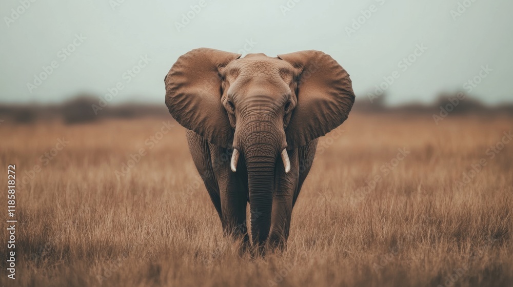 Fototapeta premium Majestic elephant facing the camera in a savanna.