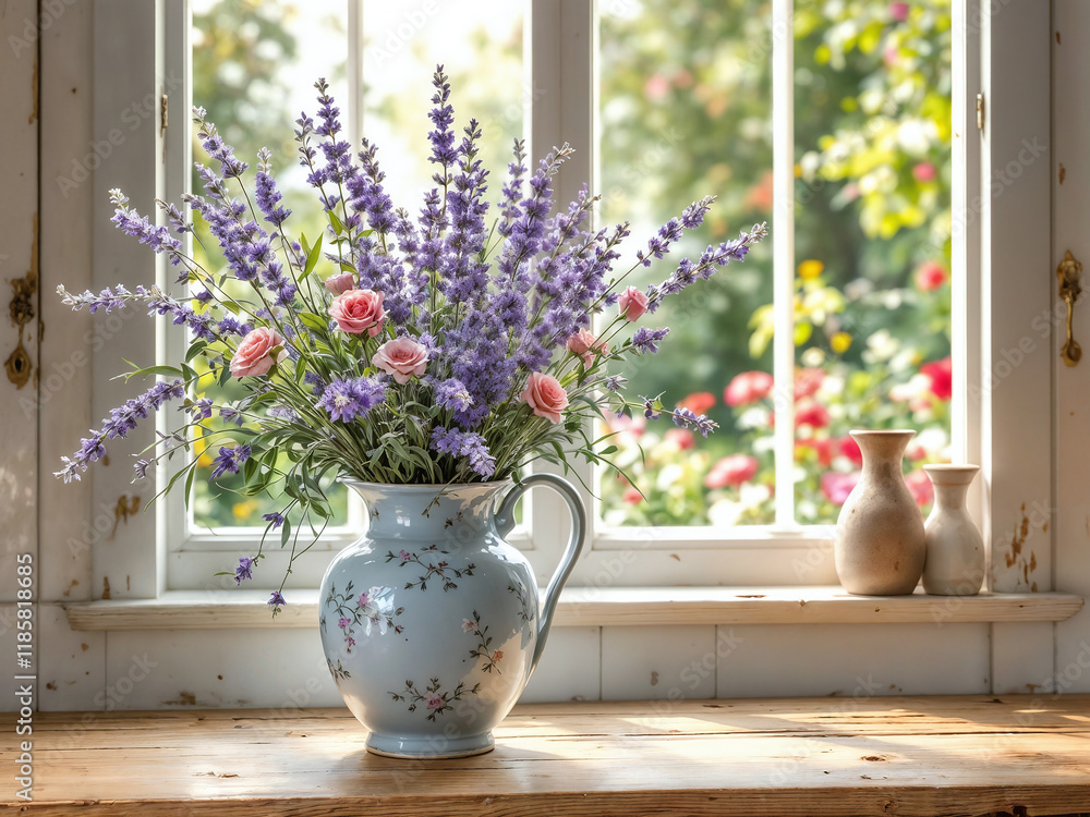 Fototapeta premium Elegant Floral Arrangement in Blue Pitcher Against Garden Window