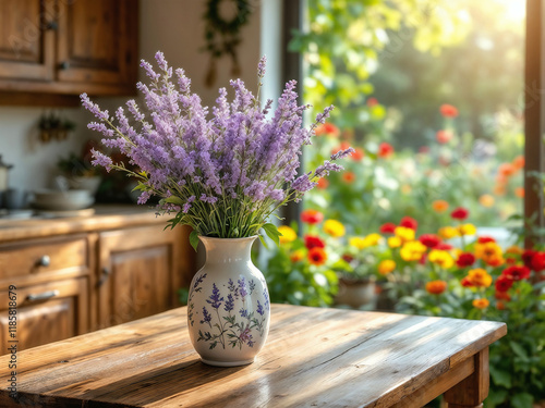 Wallpaper Mural Rustic Kitchen Still Life with Lavender Bouquet and Garden View Torontodigital.ca