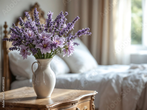 Rustic Bedroom Setting with Mixed Floral Arrangement in Cream Pitcher