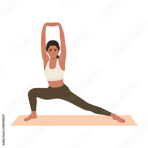 Young woman standing in crescent lunge yoga pose doing stretch exercise. Flat vector character illustration