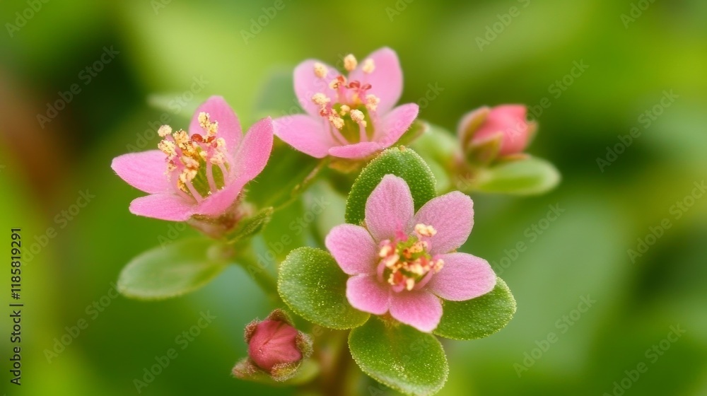 Beautiful pink little flower with blur background,macro common purslane, verdolaga, pigweed, little hogweed, pink flower on natural daylight green blur background.Pollen focus Beautiful pink little flower with blur background,macro common purslane, verdolaga, pigweed, little hogweed, pink flower on natural daylight green blur background.Pollen focus