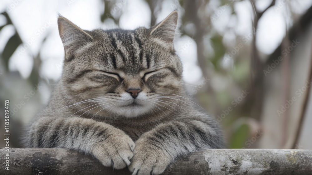 Serene tabby cat resting outdoors, eyes closed, paws neatly placed on a weathered wooden surface. Serene tabby cat resting outdoors, eyes closed, paws neatly placed on a weathered wooden surface.