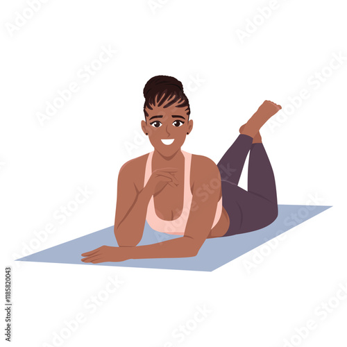 Woman smiling while lying on yoga mat. Flat vector character illustration