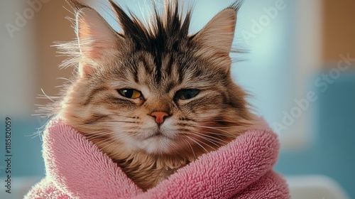 Cat is wrapped in a pink towel and has a look of annoyance on its face. Concept of humor and playfulness, as the cat is not typically seen wearing a towel or being wrapped up in one
