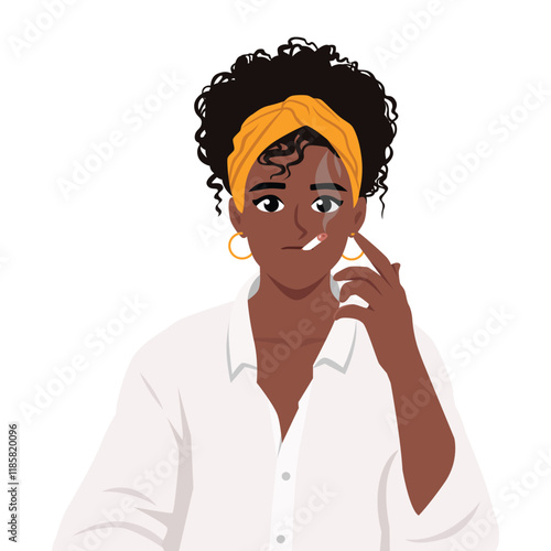 Young woman smokes cigarettes. Risks getting cancer due to bad habit. Flat vector character illustration