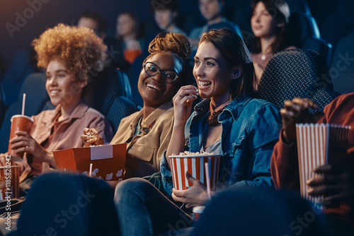 Happy female friends enjoying in movie projection at cinema.