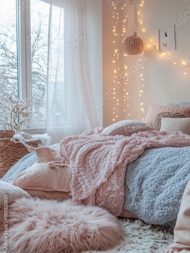 Cozy bedroom with pink and ...