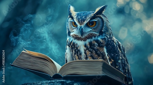 Wallpaper Mural Wisdom concept with an owl reading a book in a blue-toned background Torontodigital.ca