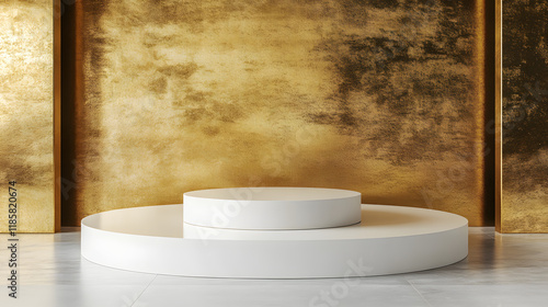 Realistic white 3d round podium set with gold backdrop partition for minimalist product display and stage showcase. photo