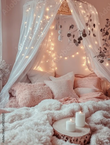 Cozy bedroom with fairy lig...